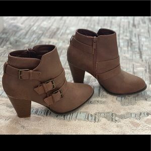Forever Brown Faux Buckle block heel bootie